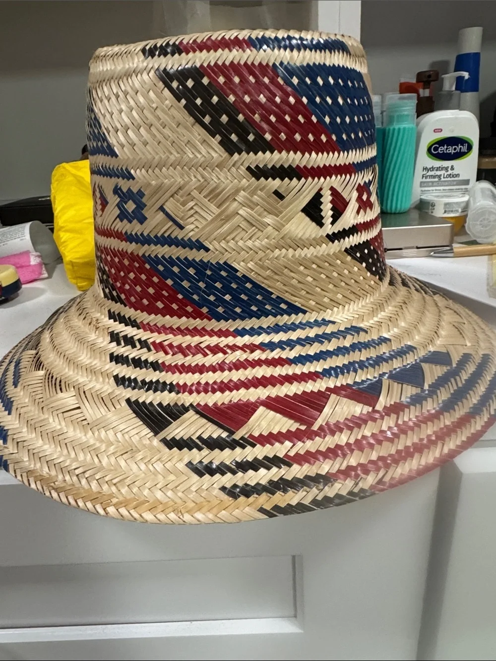 Made in Venezuela Woven Straw Summer Hat • Red & Black Pattern • Boho Chic